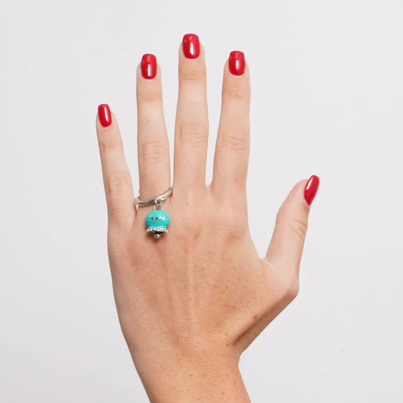 Anello in Acciaio campanella verde acqua con scritta Capri e zirconi - BYSIMON gioielli