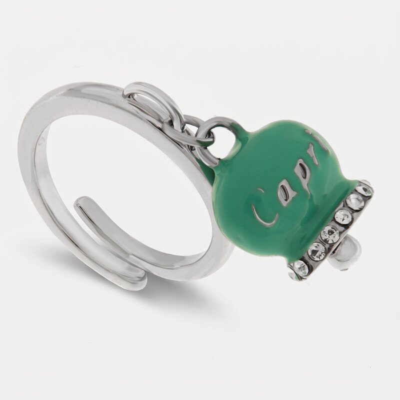 Anello in Acciaio campanella verde acqua con scritta Capri e zirconi - BYSIMON gioielli