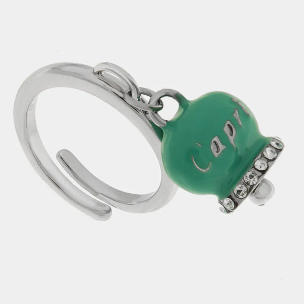 Anello in Acciaio campanella verde acqua con scritta Capri e zirconi - BYSIMON gioielli