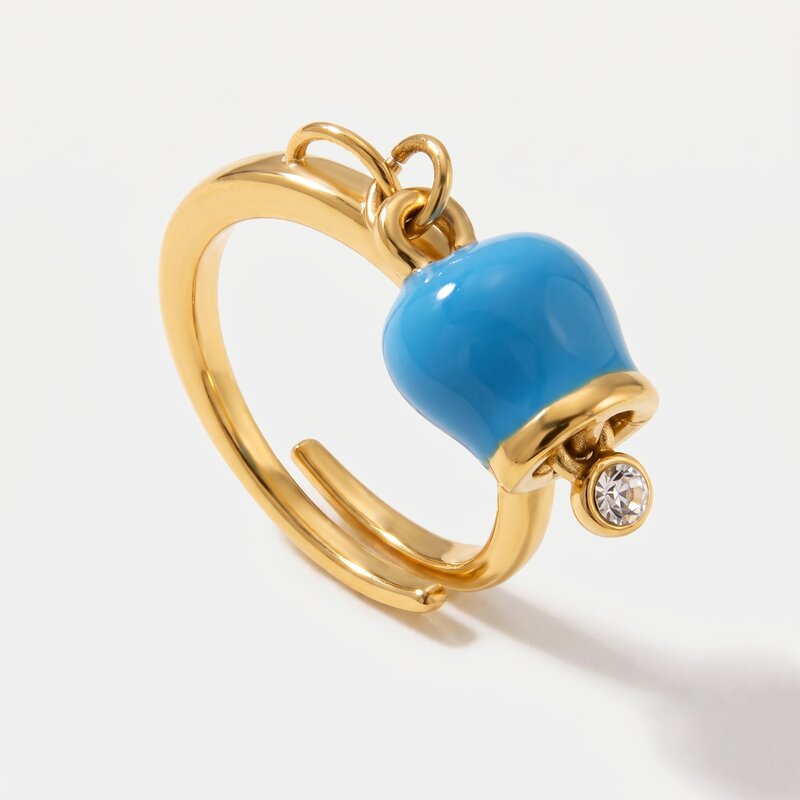 Anello in Acciaio con campanella portafortuna pendente verde acqua - BYSIMON gioielli