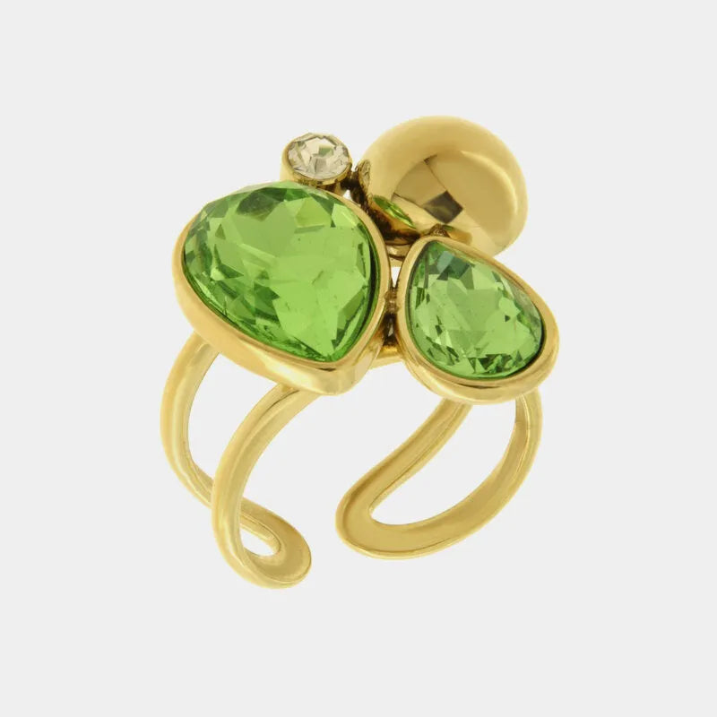 Anello in Acciaio cristalli verdi e dettaglio liscio - BYSIMON gioielli