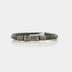 Bracciale in Acciaio rigido in pelle verde con elemento centrale lavorato a fantasia