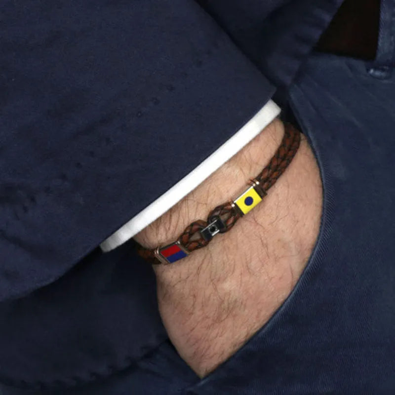 Bracciale in Acciaio rigido in pelle marrone con metalli colorati, cristallo nero
