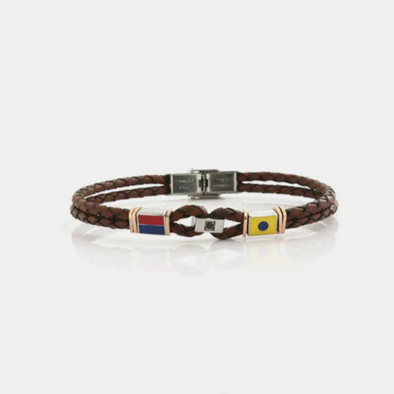 Bracciale in Acciaio rigido in pelle marrone con metalli colorati, cristallo nero