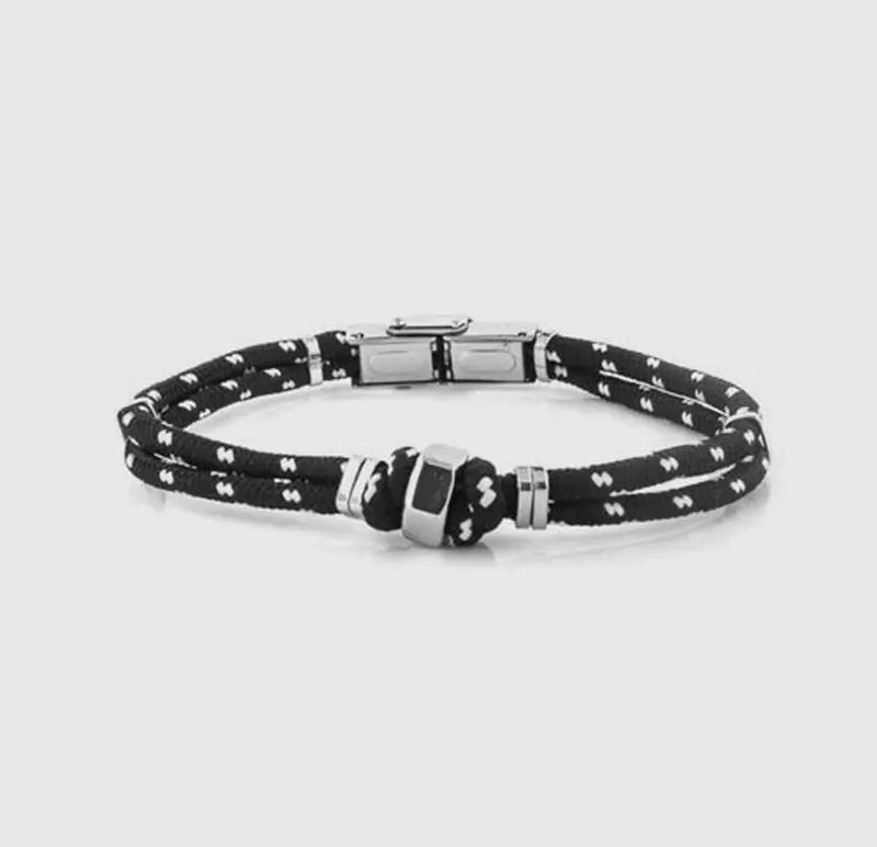 Bracciale in Acciaio in tessuto nero e bianco con bullone centrale in acciaio