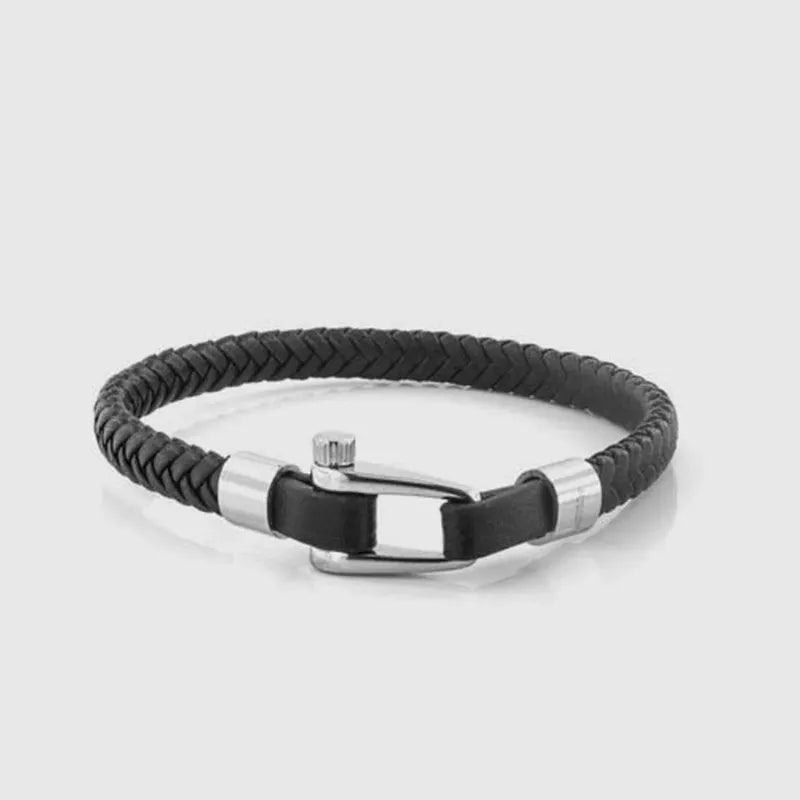 Bracciale in Acciaio rigido di pelle nera intrecciata con elementi in metallo lucido e satinato