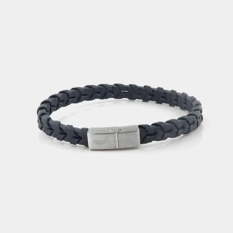Bracciale in Acciaio rigido in pelle blu intrecciata. Chiusura a scomparsa