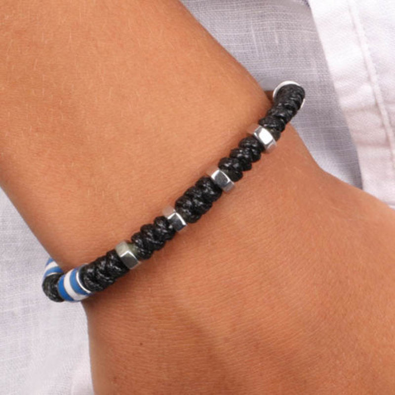 Bracciale in Acciaio in corda di tessuto cerato nero con elementi in metallo IJEWEL - gioiello BySimon