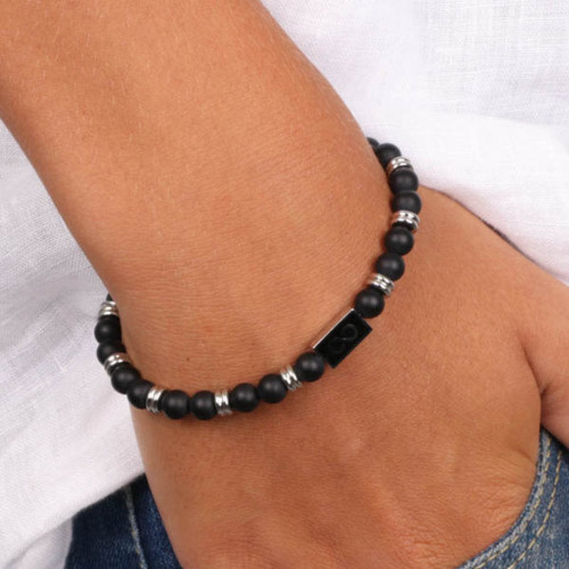 Bracciale in Acciaio con pietre in acciaio e onice nero con infinito. - BYSIMON gioielli