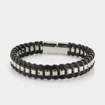 Bracciale in Acciaio rigido in pelle nera intrecciata con una catena in metallo lucido. Chiusura a scomparsa IJEWEL - gioiell