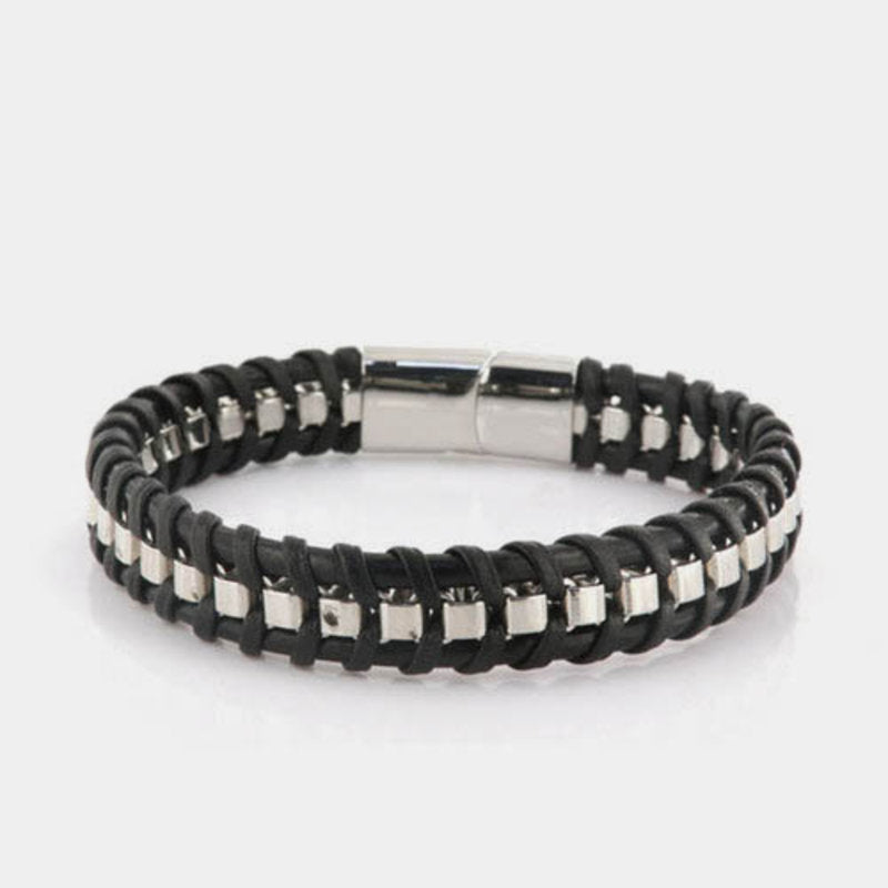 Bracciale in Acciaio rigido in pelle nera intrecciata con una catena in metallo lucido. Chiusura a scomparsa IJEWEL - gioiell