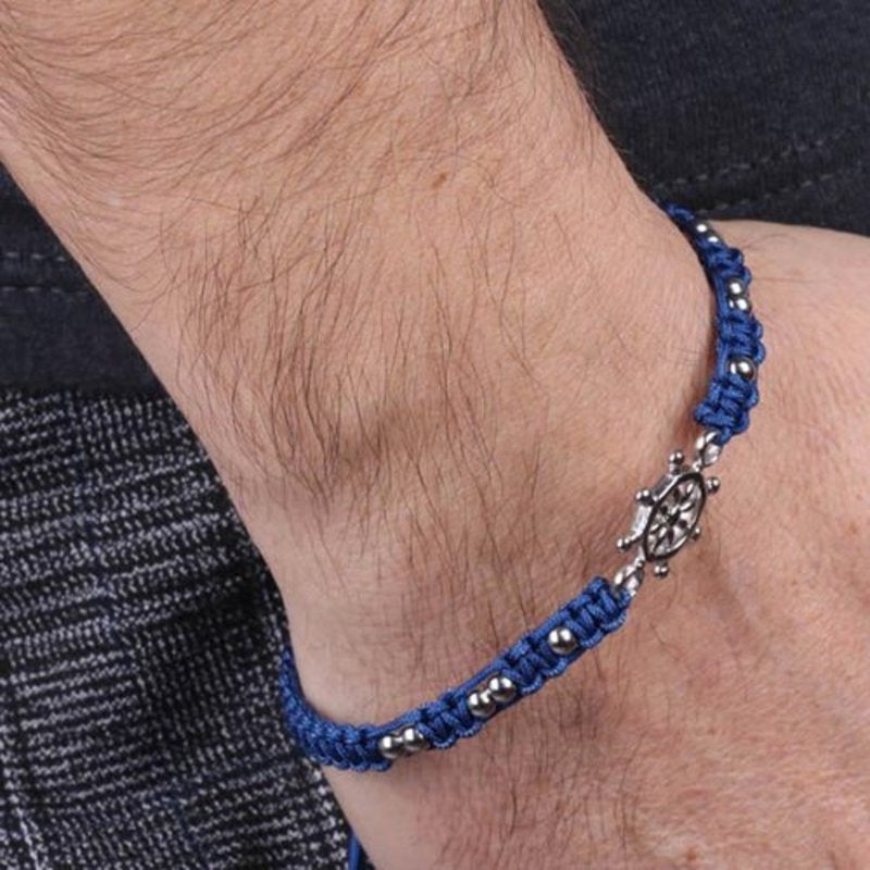 Bracciale in Acciaio in tessuto blu con timone centrale IJEWEL - gioiello BySimon