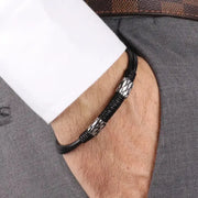 Bracciale in Acciaio rigido di pelle nero con metallo lucido lavorato a rete