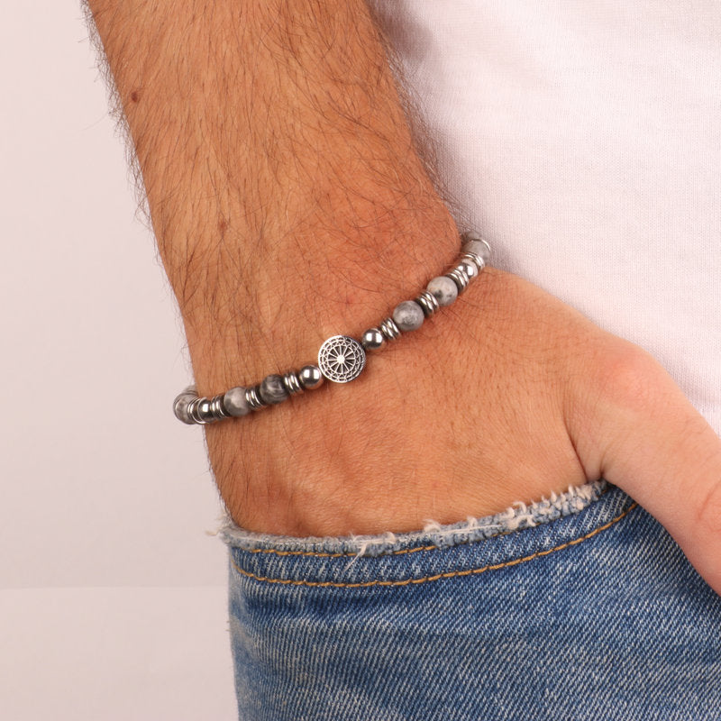 Bracciale in Acciaio con pietre naturali e ruota carretto siciliano in acciaio