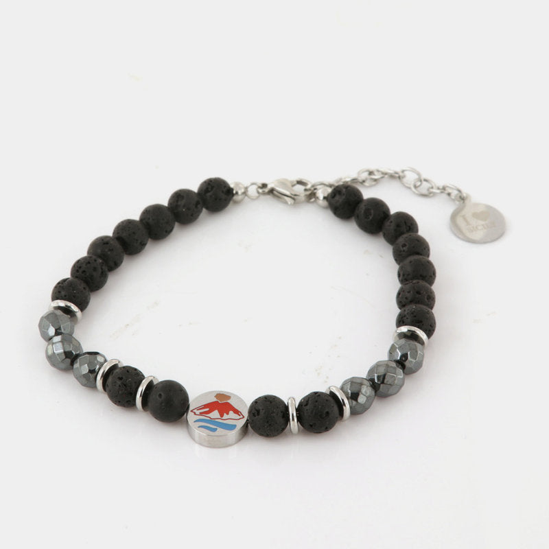 Bracciale in Acciaio con pietre nere e piastra con vulcano etna - BYSIMON gioielli