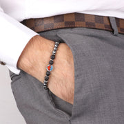 Bracciale in Acciaio con pietre nere e piastra con vulcano etna