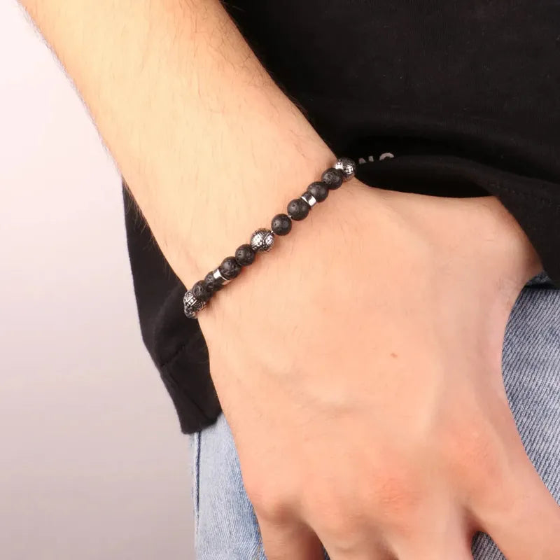 Bracciale in Acciaio con tramatura in acciaio e sfere color lava