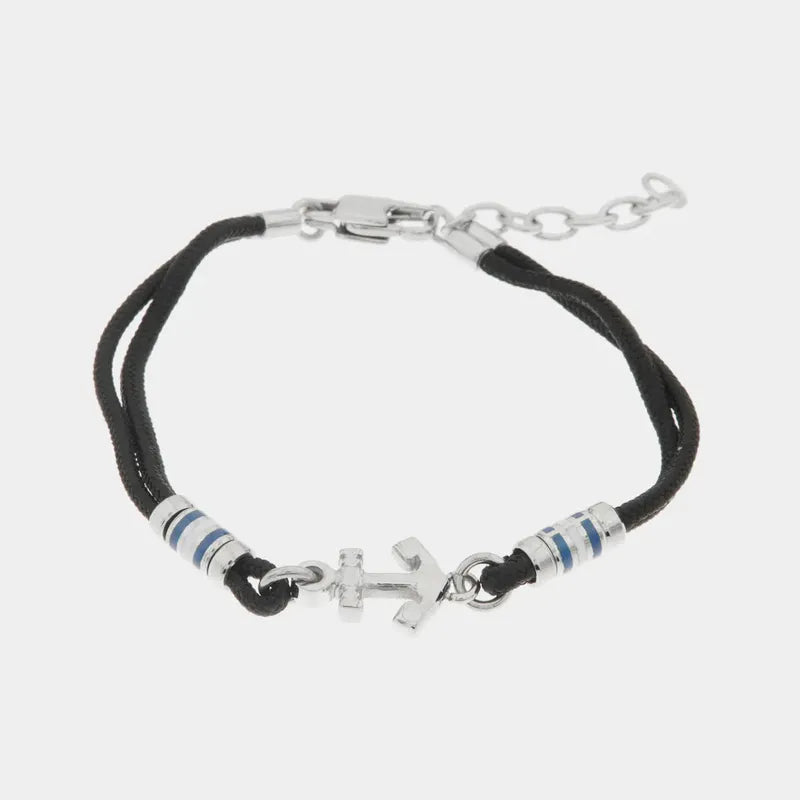 Bracciale in Acciaio in cordino nero con dettaglio centrale a forma di ancora