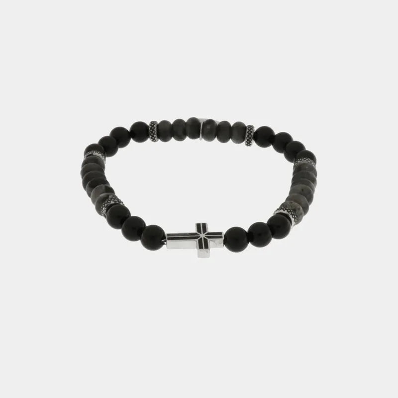 Bracciale in Acciaio con sfere nere e croce centrale in acciaio