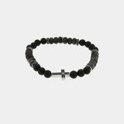 Bracciale in Acciaio con sfere nere e croce centrale in acciaio