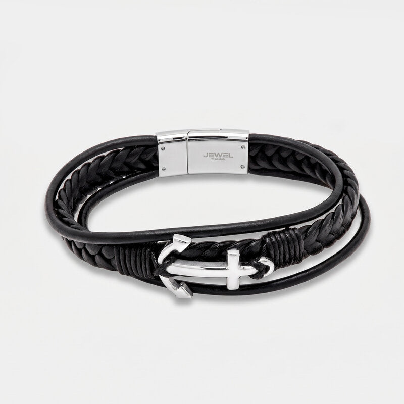 Bracciale in Acciaio con ancora e cordino nero - BYSIMON gioielli