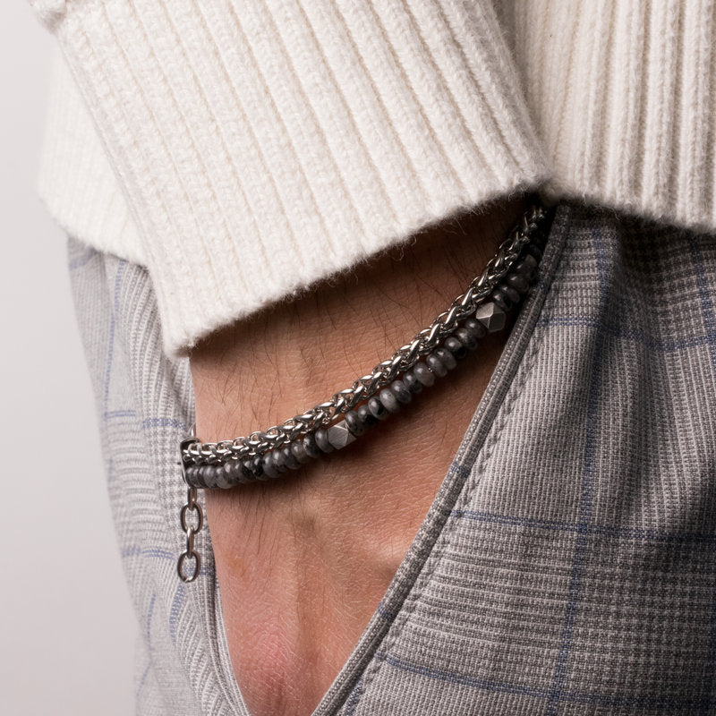 Bracciale in Acciaio doppia catena con pietre nere IJEWEL - gioiello BySimon