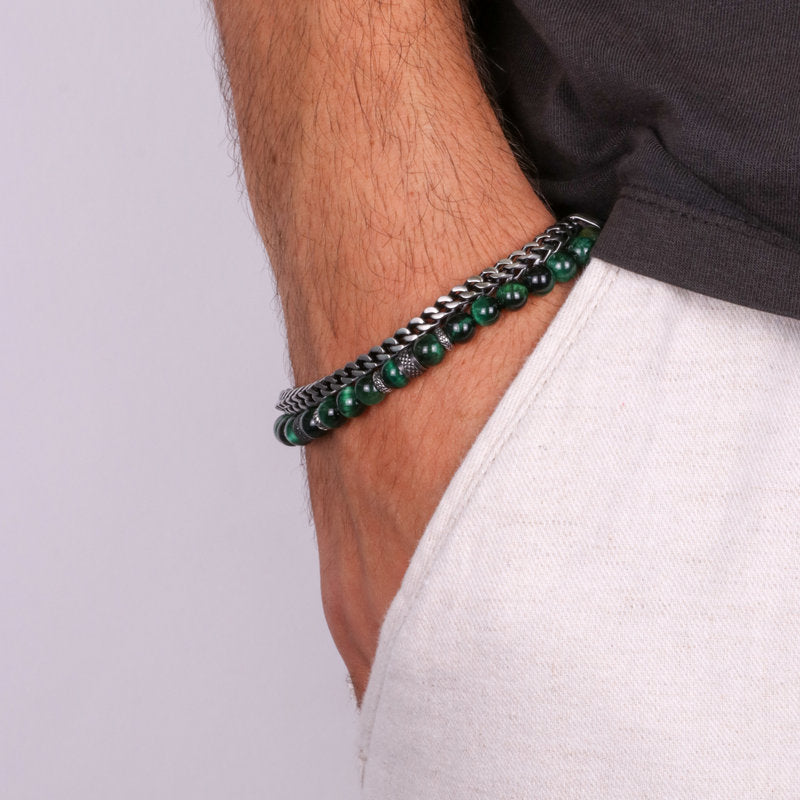 Bracciale in Acciaio doppio con maglia a spiga e perline IJEWEL - gioiello BySimon