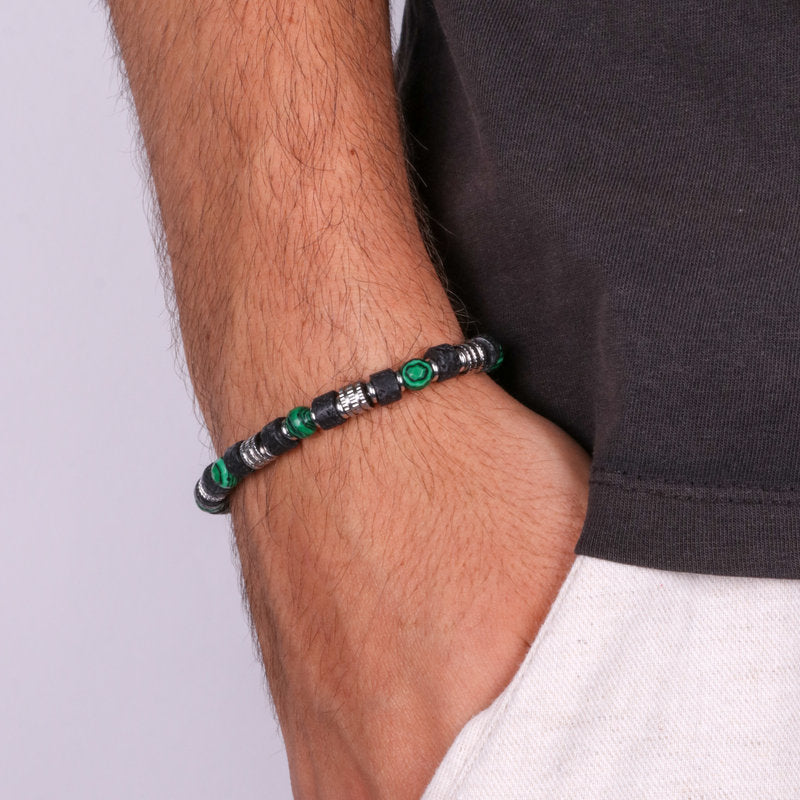 Bracciale in Acciaio con sfere bianche , nere e pietre verdi IJEWEL - gioiello BySimon
