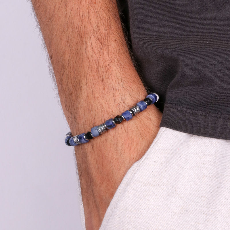 Bracciale in Acciaio con sfere blu, bianche e pietre nere IJEWEL - gioiello BySimon