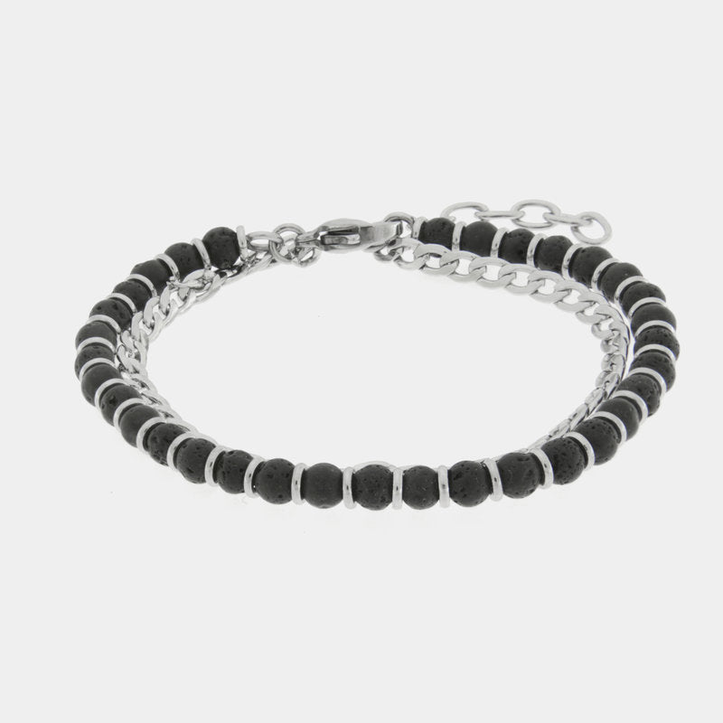 Bracciale in Acciaio doppio con catena e perline nere IJEWEL - gioiello BySimon