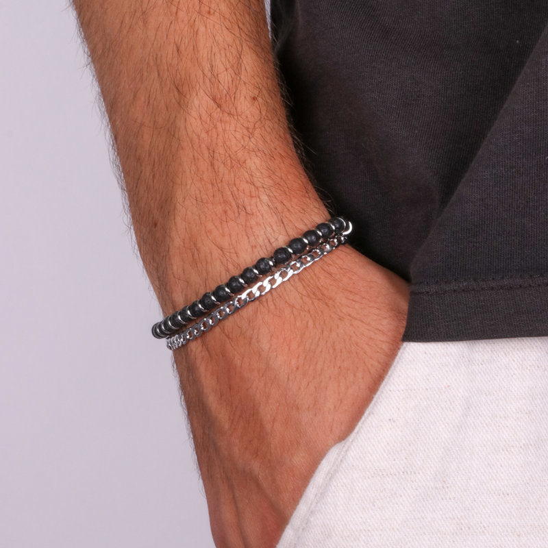 Bracciale in Acciaio doppio con catena e perline nere IJEWEL - gioiello BySimon
