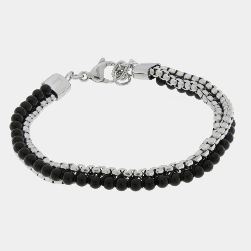 Bracciale in Acciaio maglia carrarmato sottile e perline in nero IJEWEL - gioiello BySimon