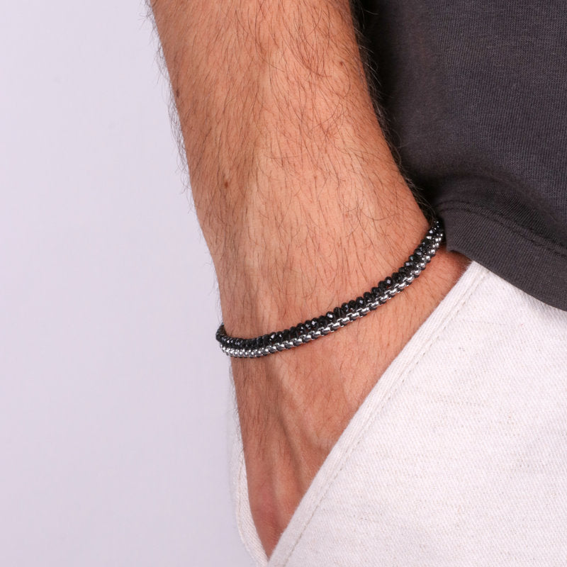 Bracciale in Acciaio maglia carrarmato sottile e perline in nero IJEWEL - gioiello BySimon