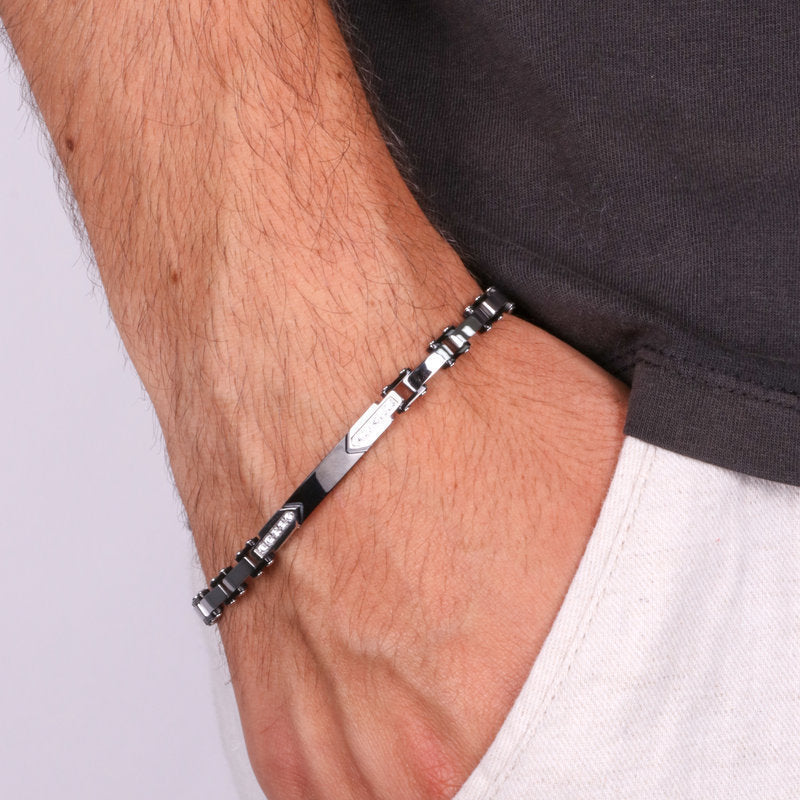 Bracciale in Acciaio maglia carrarmato con dettagli in nero - BYSIMON gioielli