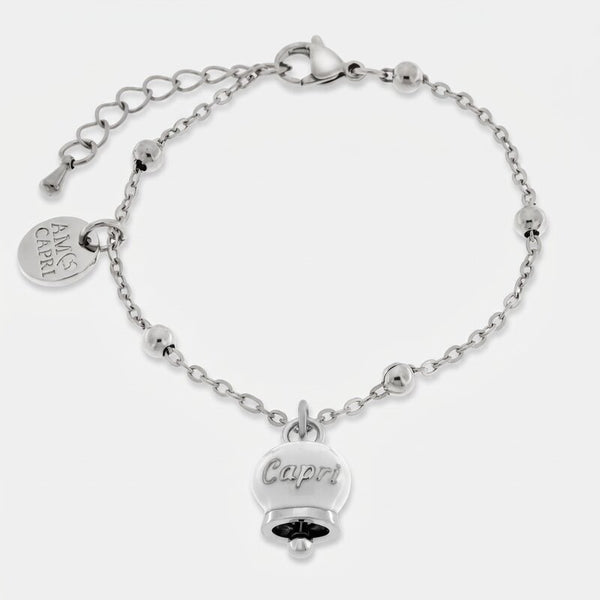 Bracciale in Acciaio Inossidabile con campanella pendente bianca con scritta Capri | gioielli in acciaio inossidabile | BYSIMON