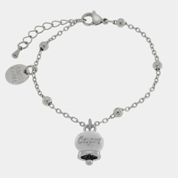 Bracciale in Acciaio Inossidabile con campanella pendente bianca con scritta Capri | gioielli in acciaio inossidabile | BYSIMON