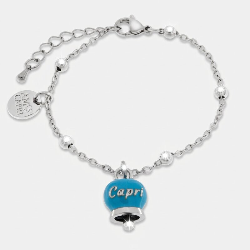 Bracciale in Acciaio Inossidabile con campanella pendente azzurra con scritta Capri | gioielli in acciaio inossidabile | BYSIMON