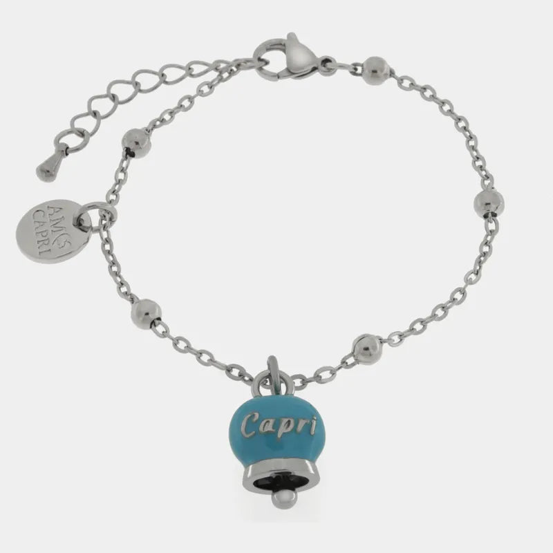 Bracciale in Acciaio con campanella pendente azzurra   con scritta Capri - BYSIMON gioielli