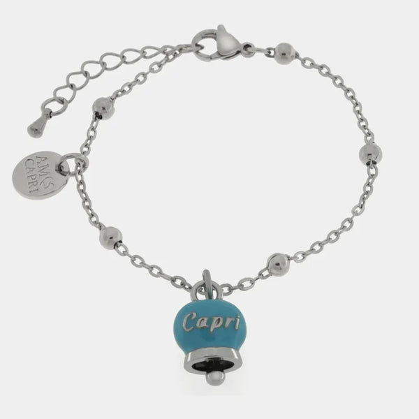 Bracciale in Acciaio Inossidabile con campanella pendente azzurra con scritta Capri | gioielli in acciaio inossidabile | BYSIMON