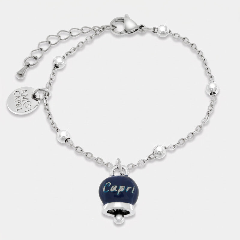 Bracciale in Acciaio con campanella pendente blu   con scritta Capri - BYSIMON gioielli