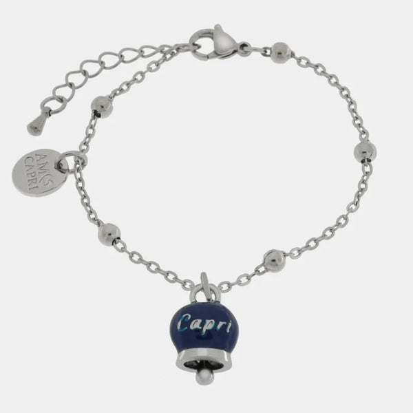 Bracciale in Acciaio con campanella pendente blu   con scritta Capri - BYSIMON gioielli