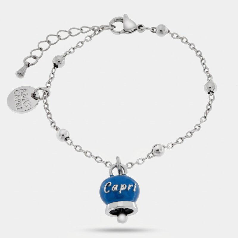Bracciale in Acciaio con campanella pendente blu cobalto   con scritta Capri - BYSIMON gioielli
