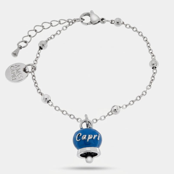 Bracciale in Acciaio con campanella pendente blu cobalto   con scritta Capri - BYSIMON gioielli
