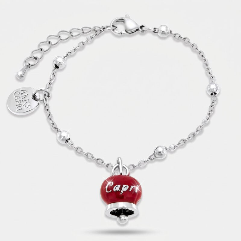 Bracciale in Acciaio con campanella pendente borgogna   con scritta Capri - BYSIMON gioielli