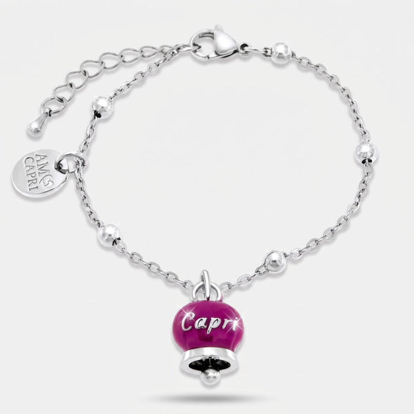 Bracciale in Acciaio con campanella pendente borgogna   con scritta Capri - BYSIMON gioielli