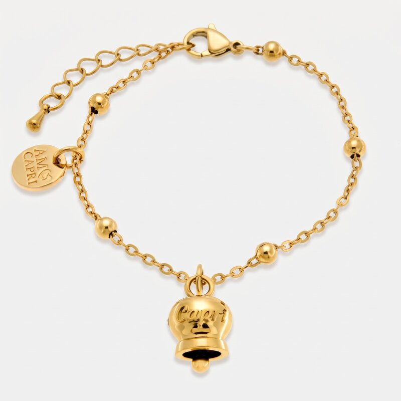 Bracciale in Acciaio con campanella pendente placcata oro con scritta Capri - gioiello BySimon