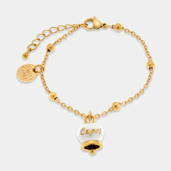 Bracciale in Acciaio con campanella pendente bianca e oro con scritta Capri | gioielli in acciaio | BYSIMON