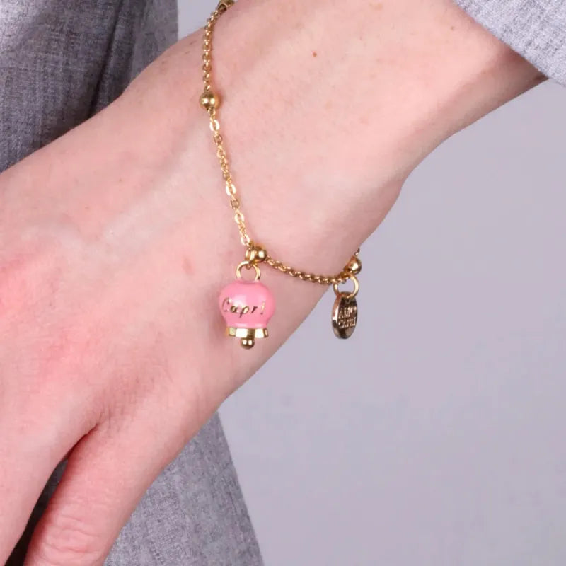 Bracciale in Acciaio con campanella  pendente  rosa con scritta Capri - BYSIMON gioielli