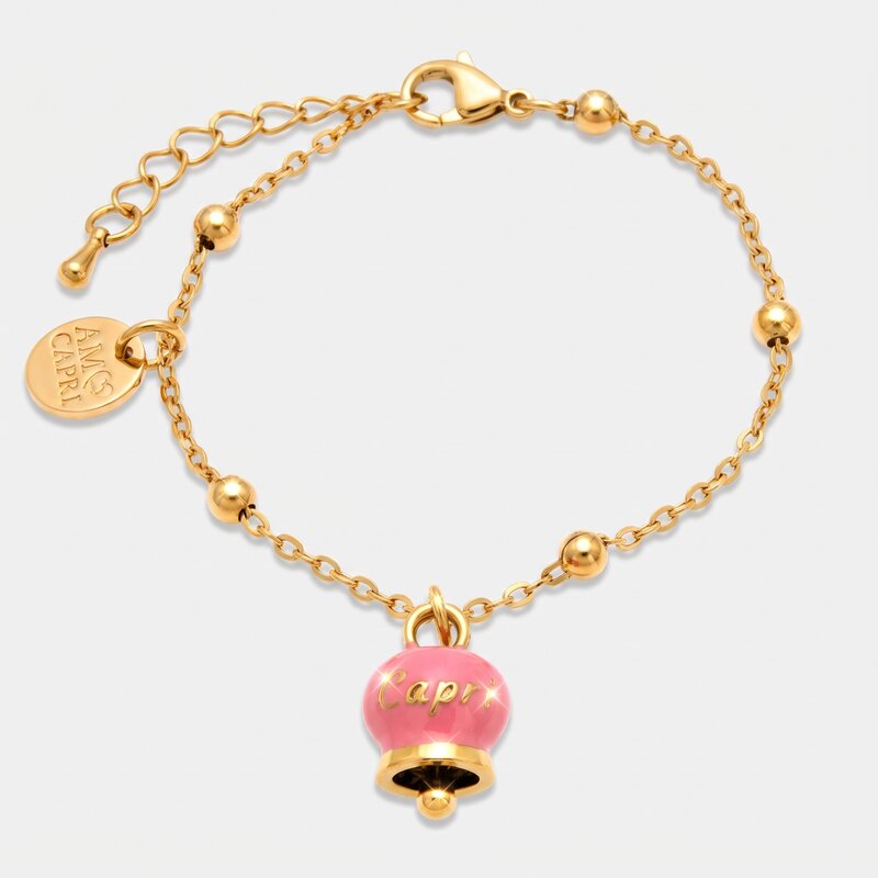 Bracciale in Acciaio con campanella pendente rosa con scritta Capri | gioielli in acciaio | BYSIMON