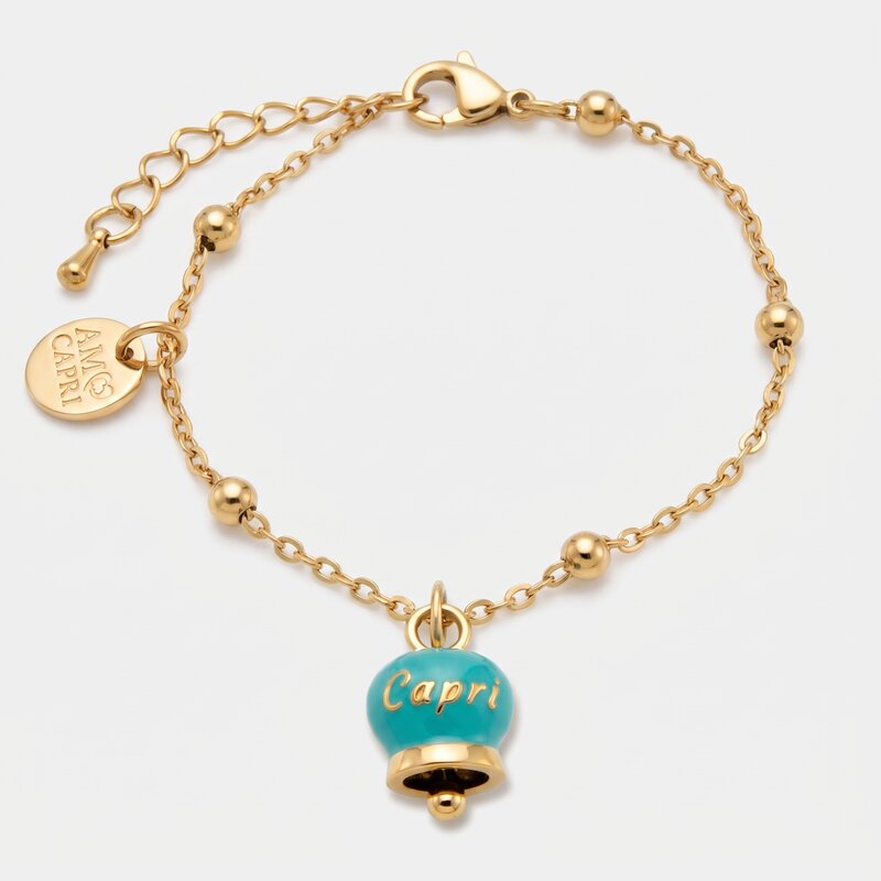 Bracciale in Acciaio con campanella  pendente  verde con scritta Capri - BYSIMON gioielli